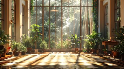 Elegant conservatory with lush greenery and warm sunlight through large windows