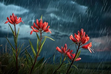 A dynamic composition of Indian Paintbrushes amidst a thunderstorm, raindrops on petals and leaves, thunderclouds adding drama in the background