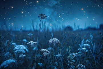 A dreamy landscape of a wildflower field under a starry night sky, with Queen Anne's Lace taking center stage - obrazy, fototapety, plakaty
