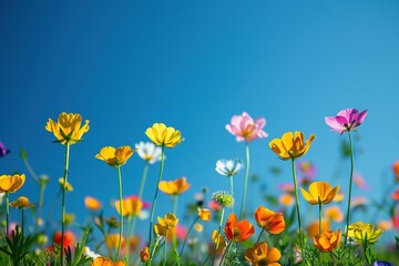 A field of wildflowers, bursting with colors, under a clear blue sky. Buttercups shine brightly among the diversity, symbolizing joy and simplicity