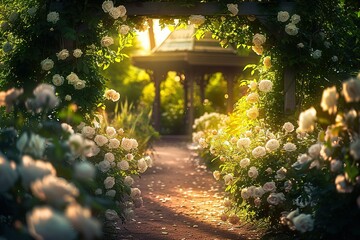 A garden path bordered with blooming white roses, leading to a distant, enchanting gazebo. Golden hour light bathes the scene in a warm glow, accentuating the roses' innocence and purity - obrazy, fototapety, plakaty