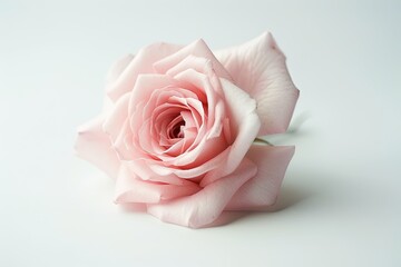 A minimalist composition of a single pink rose, centered against a stark white background.