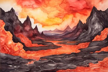 Lava Flows Watercolor Landscape Background, Watercolor Volcano Wallpaper, Watercolor Painting of Magma Flows, Lava River Wallpaper, AI Generative - obrazy, fototapety, plakaty