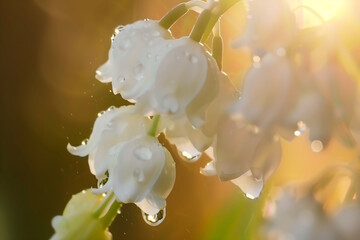 Closeup of flowers with dewdrops, morning lily of the valley with dewdrops, floral background, web page backgrounds,muguet