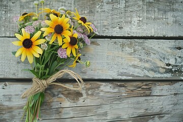 A rustic bouquet of wildflowers, including Black-eyed Susans, hand-tied with a twine bow, placed against an aged wooden backdrop, natural and soft daylight. 