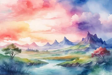 Poster Watercolor Landscape Background, Watercolor Mountain Scenery Wallpaper, Watercolor Painting of Nature, Nature Wallpaper, abstract landscape painting, Hand painted nature scene, AI Generative © Forhadx5