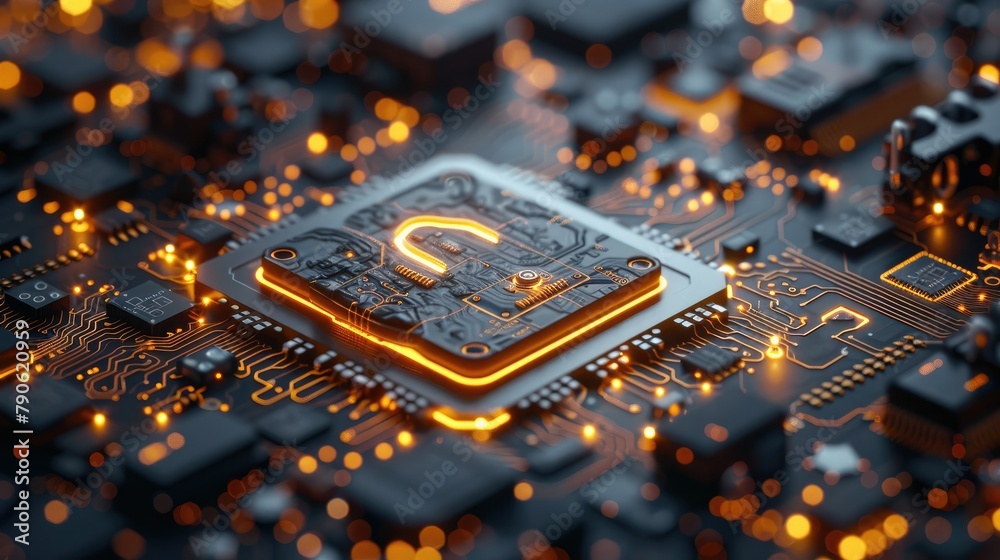 Poster Protect and Security concept. Padlock on microchip processor, technology background. Generative AI.