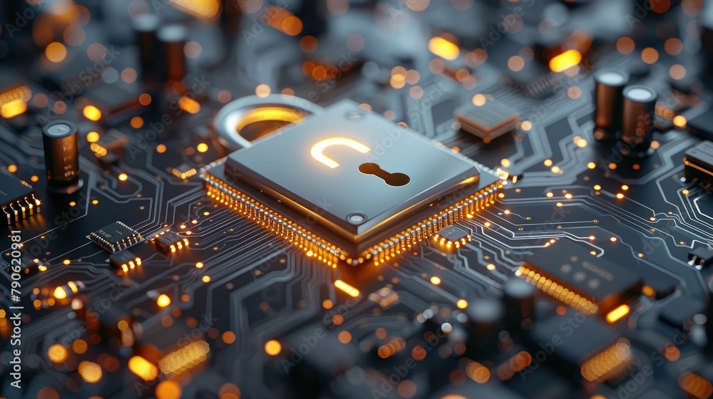 Aufkleber Protect and Security concept. Padlock on microchip processor, technology background. Generative AI.