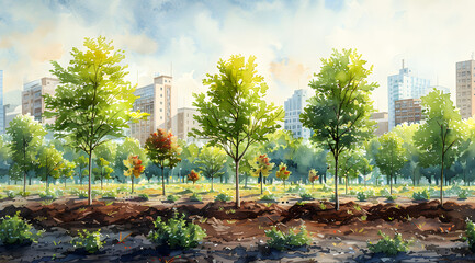 Arboreal Assemblage: Watercolor Depiction of Community Efforts in Urban Reforestation