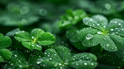 St. Patrick's Day Dew on Clover Leaves. Concept Nature, St, Patrick's Day, Green, Clover Leaves, Dew Drops