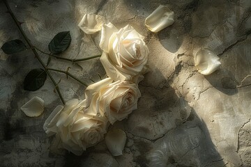 A serene composition of white roses lying on an ancient stone surface, symbolizing eternal love and remembrance. 