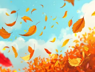 Fototapeta na wymiar Whispers in the autumn breeze as vibrant leaves flutter and dance on the gentle wind creating a serene and colorful natural display