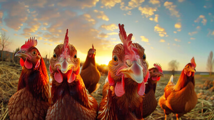 A group of chickens are seen standing next to each other in this photo - obrazy, fototapety, plakaty