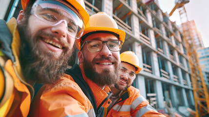 A cheerful group of construction workers, adorned in hard hats and safety gear, preparing for a day of work