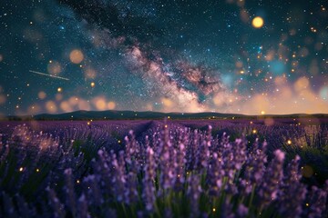 A tranquil scene of a lavender field under the starry night sky, fireflies mingling with bees amongst the flowers. 