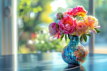 A vibrant display of peonies in a colorful ceramic vase, artistically painted, placed on a modern, sleek black table.