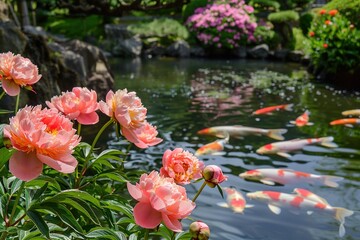 A vibrant display of peonies in full bloom, showcasing prosperity and romance, set against the backdrop of a traditional Japanese garden. 