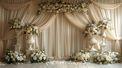 A wedding backdrop with elegant, floor-length drapery in a soft, neutral color. The fabric appears luxuriously gathered in rich folds, creating a romantic and sophisticated atmosphere