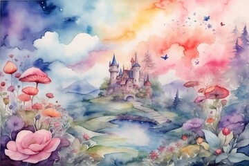 Magical Wonderland Watercolor Landscape, Watercolor Fantasy Scenery Wallpaper, Watercolor Painting of Wonderland, Beautiful Nature Wallpaper, AI Generative