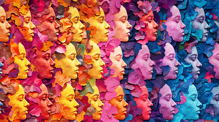 A mesmerizing painting capturing a womans face in a kaleidoscope of vivid colors, expressing a range of emotions and personalities - obrazy, fototapety, plakaty
