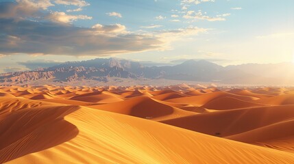 Wide shot of the desert dunes, golden hour, mountains in background. Generative AI.