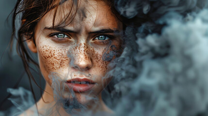 Woman With Blue Eyes Emitting Smoke