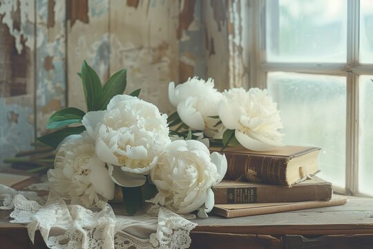 A vintage-style photograph of white peonies arranged on an aged wood table, with old books and a lace tablecloth adding texture and depth. 