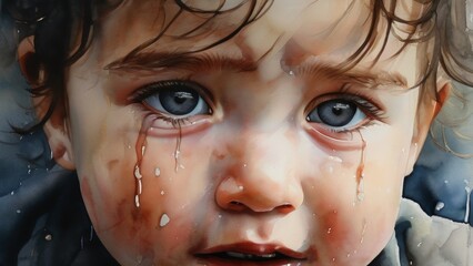 Crying little baby, close-up. War. Grief. - obrazy, fototapety, plakaty