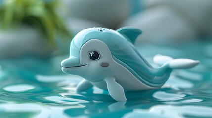 Charming 3D illustration of a cute, kawaii-style dolphin with ocean friends in a vibrant cartoon setup