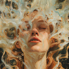 A mesmerizing portrait of a woman's face submerged in water, intertwined with swirling cosmic-like patterns.