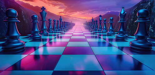 Chessboard in the middle of the picture, colors blue and violet. Generative AI.
