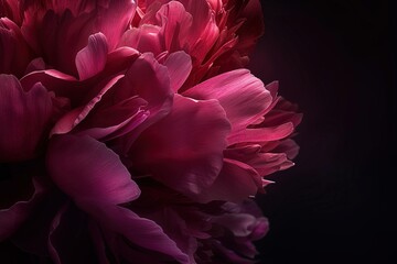 An artistic close-up of a single peony bloom, emphasizing the intricate petal textures and gradient from soft pink to deep crimson. 
