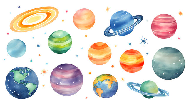Hand drawn colorful watercolor space set of planet isolated of white background	