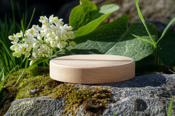 spring summer autnmn winter wooden podium mockup for cosmetics, products,perfumes or jewelry with muguet background，flower and forest