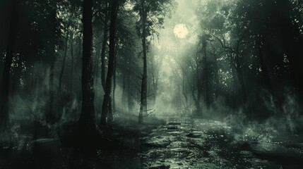 Mystical forest scene with fog, moonlight, and shimmering waters under a haunted sky - obrazy, fototapety, plakaty
