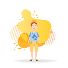 Happy female tourist in sun hat. Flat vector illustration. Middle-aged woman in T-shirt and shorts going for vacation. Travel, vacation, journey, tourism concept for web design, banner or landing page