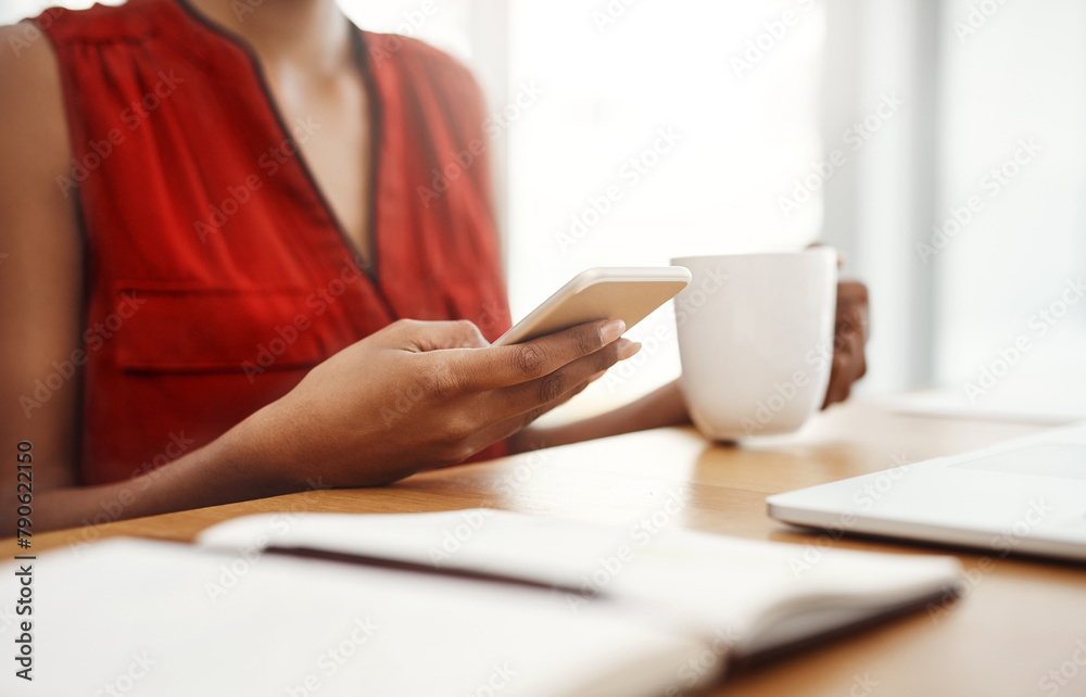 Aufkleber woman, coffee or hands with mobile in remote work for social media, internet post or website notific