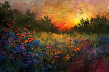 Obraz na płótnie Canvas An impressionistic painting of a wildflower meadow at sunset, colors blending into a vivid tapestry. The setting sun casts long shadows, enhancing the flowers' rustic charm. 