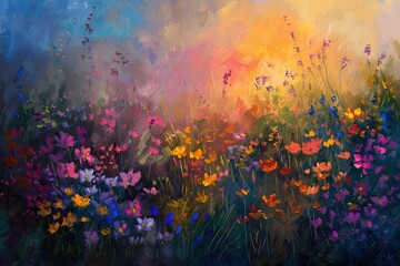 Fototapeta premium An impressionistic painting of a wildflower meadow at sunset, colors blending into a vivid tapestry. The setting sun casts long shadows, enhancing the flowers' rustic charm. 