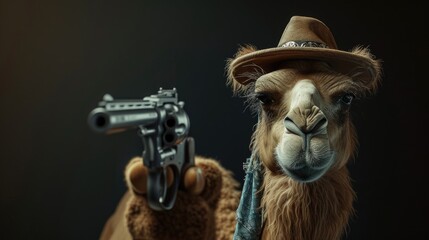 Fototapeta premium camel in a stylish hat brandishes a firearm confidently, Ai Generated