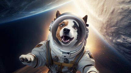 A photo of a dog in a spacesuit floating in space.