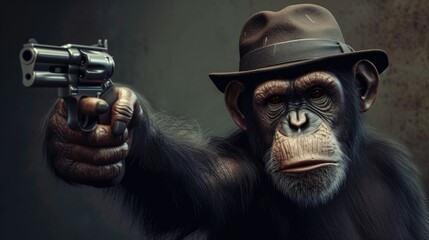 chimpanzee in a stylish hat brandishes a firearm confidently, Ai Generated - obrazy, fototapety, plakaty