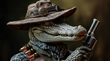 Wandcirkels tuinposter crocodile in a stylish hat brandishes a firearm confidently, Ai Generated © Crazy Juke