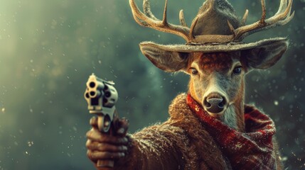 deer in a stylish hat brandishes a firearm confidently, Ai Generated
