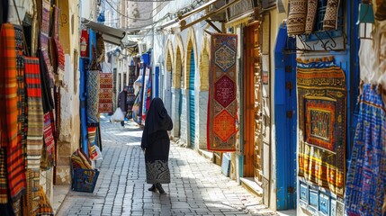A woman and storefronts Women in hijab walking in street 