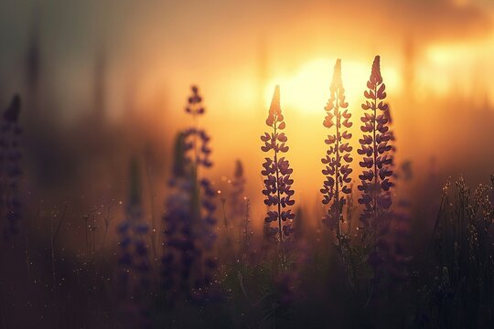 An ethereal sunset over a wildflower field, with tall lupines silhouetted against the glowing sky. 