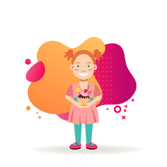 Happy little girl with cupcake. Flat vector illustration. Child or birthday concept. Vector illustration can be used for topics like holiday, childhood, parenting.