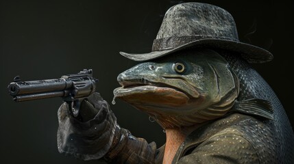 salmon in a stylish hat brandishes a firearm confidently, Ai Generated
