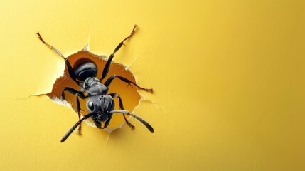 Fototapeta premium A humorous ant peers through a ripped hole in a contrast pastel color paper background, Ai Generated