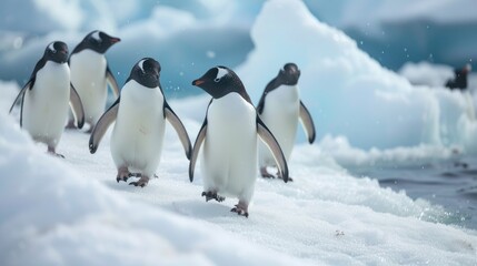 Discover the adorable charm of penguins on ice, as they waddle and play in their icy habitat, Ai Generated